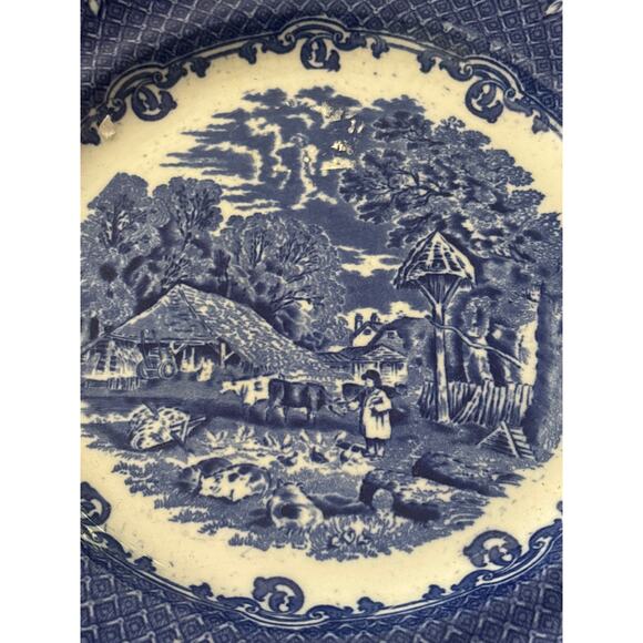 Farm England Blue Transferware 10” French Country Farmhouse CHIP ON BACK - Picture 3 of 9